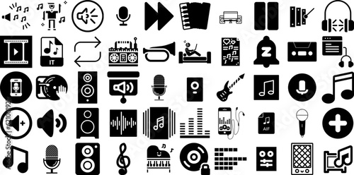 Big Collection Of Music Icons Collection Solid Infographic Glyphs Tool, Speaker, Entertainment, Singer Symbols For Computer And Mobile photo