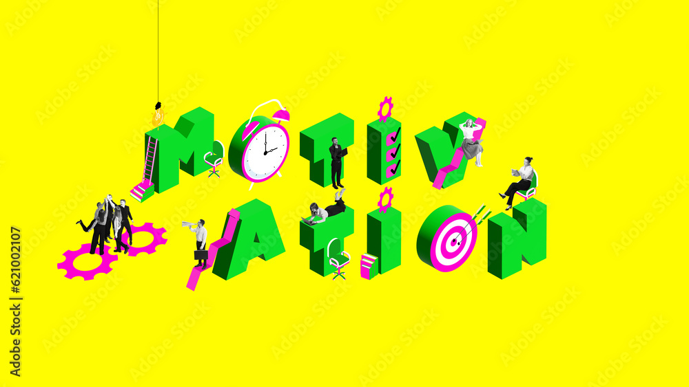 Obraz premium Motivation. Contemporary art collage. Young people, employees working on projects, growing professional skills. Growth and success. Concept of business, office lifestyle, professional occupation, ad