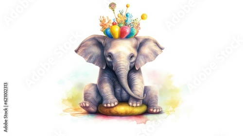 Adorable baby elephant in an artwork seated on the rainbow with a balloon and a crown.