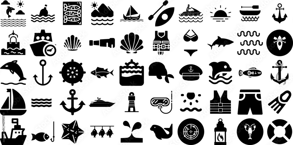 Huge Set Of Sea Icons Set Flat Cartoon Pictogram Creature, Anchor ...