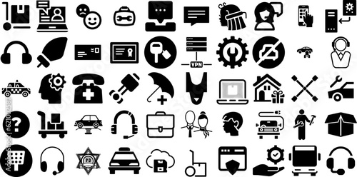 Huge Collection Of Service Icons Collection Hand-Drawn Solid Vector Symbols Tool  Finance  Level  Hosting Symbol Vector Illustration