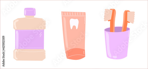 Set for dental hygiene of a brush, mouthwash and toothpaste. vector illustration