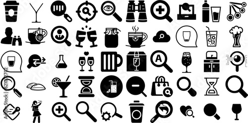 Big Collection Of Glass Icons Pack Hand-Drawn Isolated Cartoon Clip Art Icon, Symbol, Magnifier, Traceability Doodle For Apps And Websites