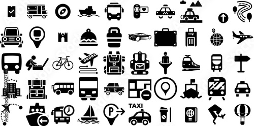 Big Collection Of Travel Icons Bundle Black Infographic Elements Silhouette, Pointer, Photo Camera, Yacht Pictograph Isolated On White Background