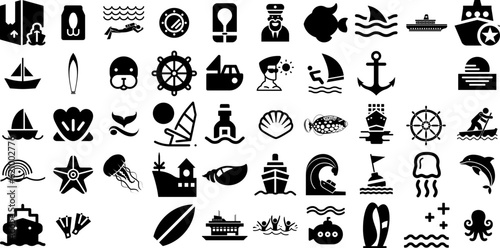 Big Set Of Sea Icons Bundle Hand-Drawn Isolated Concept Glyphs Icon  Tortoise  Anchor  Creature Silhouettes For Apps And Websites