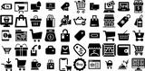 Big Set Of Shopping Icons Bundle Hand-Drawn Black Vector Symbols Goodie, Shopping Centre, Purchase, Mark Silhouette Isolated On Transparent Background