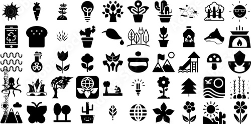 Massive Set Of Nature Icons Collection Hand-Drawn Linear Modern Pictograms Cactus, Line, Set, Blossom Elements Vector Illustration