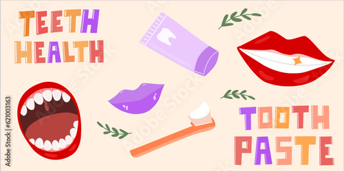 set of stickers hygiene of teeth and mouth, vector illustration of mouth and dental accessories