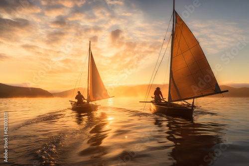 Female and a male sailing with canoes close to each other at sunset photography