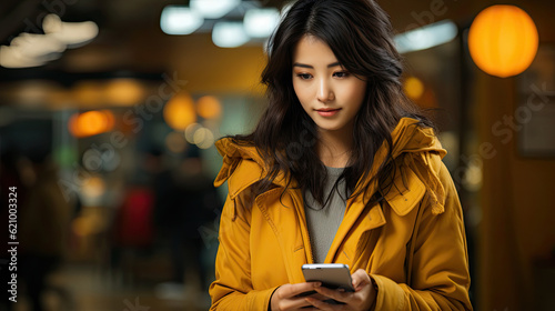 Asian Woman send text message on cellphone