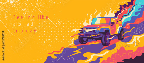 Bilde på lerret Abstract lifestyle graffiti design with a monster truck and colorful splashing shapes