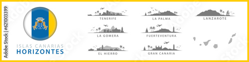 Obraz na płótnie Horizontes de las Islas Canarias, Siluetas de Tenerife, La Palma, Gran Canaria, Fuerteventura, Lanzarote, El Hierro. Destinos turísticos tropicales españoles. Colección de Paisajes Exóticos. w salonie