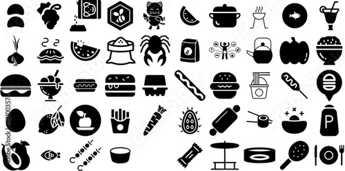 Massive Set Of Food Icons Set Hand-Drawn Linear Cartoon Glyphs Pointer  Cooked  Certified  Health Silhouette For Apps And Websites