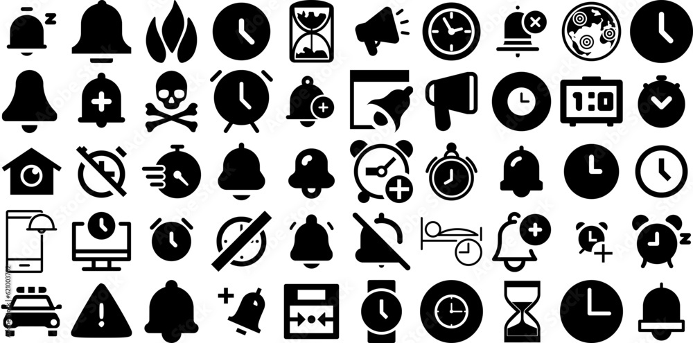 Massive Collection Of Alarm Icons Set Solid Simple Silhouette Symbol, Icon, Attention, Business Logotype Isolated On Transparent Background - obrazy, fototapety, plakaty 