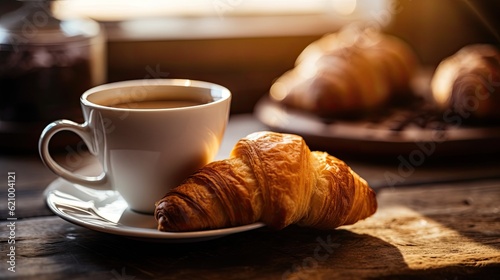Cup of coffee and croissants on the window in the morning