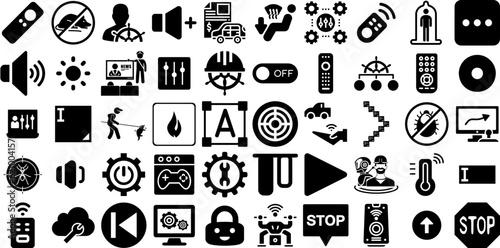 Big Set Of Control Icons Collection Hand-Drawn Linear Infographic Symbol Option, Magnifier, Level, Icon Glyphs Isolated On White
