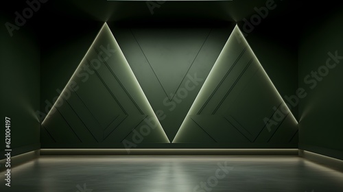 Empty geometrical Room in Olive Green Colors with beautiful Lighting. Futuristic Background for Product Presentation.