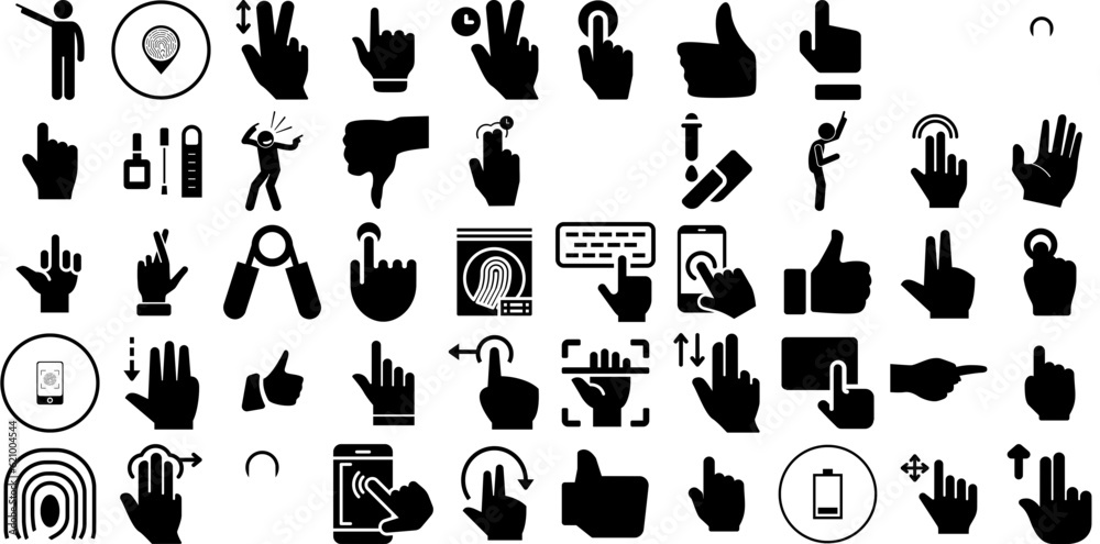 Mega Collection Of Finger Icons Collection Hand-Drawn Black Infographic Pictograms Icon, Pointer, Symbol, Glyphs Clip Art Isolated On White Background - obrazy, fototapety, plakaty 