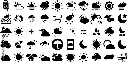 Mega Collection Of Forecast Icons Pack Hand-Drawn Linear Drawing Elements Anemometer, Pensioner, Icon, Weather Forecast Glyphs Isolated On White Background