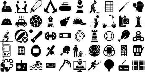Huge Set Of Game Icons Pack Solid Vector Pictograms Playstation, Entertainment, Court, Set Silhouette Vector Illustration