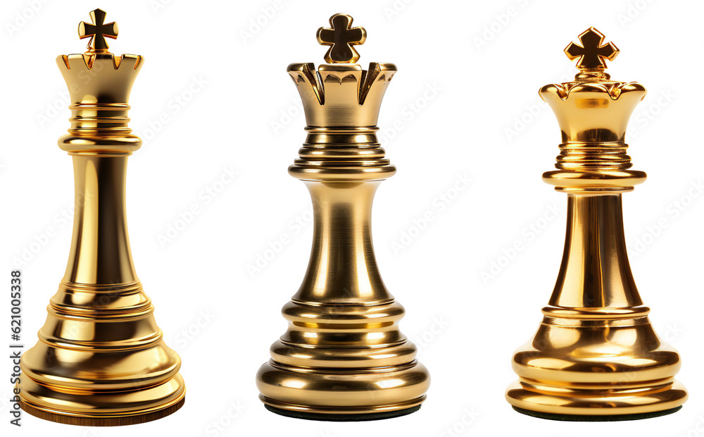 Set of golden chess kings. Design elements for business, competition, sports, logic. Classic chess pieces. Golden chess. Isolated on transparent background. KI.