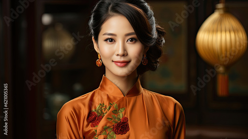 Happy Asian woman wearing traditional cheongsam qipao dress photo