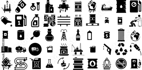 Massive Collection Of Oil Icons Pack Hand-Drawn Linear Design Glyphs Fuel, Organic, Perfume, Icon Pictograph Isolated On White Background photo