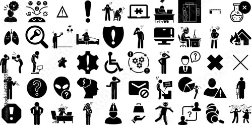 Mega Set Of Problem Icons Collection Hand-Drawn Black Cartoon Web Icon Problem, Alert, Forget, Doubt Pictograms Isolated On Transparent Background