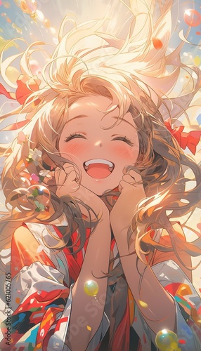beautiful girl laughing in a fantasy colorful world, Generative AI