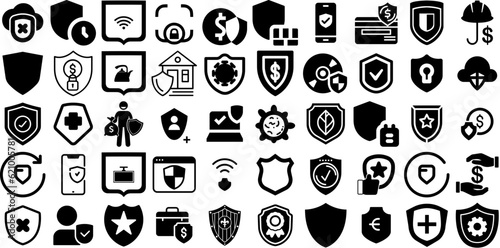 Mega Set Of Shield Icons Set Flat Design Silhouette Mark, Icon, Badge, Symbol Clip Art Vector Illustration
