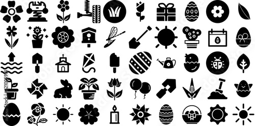 Big Collection Of Spring Icons Set Hand-Drawn Linear Drawing Pictogram Flora, Sum, Icon, Japan Buttons Isolated On Transparent Background