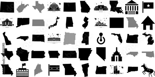 Massive Set Of State Icons Collection Isolated Modern Silhouettes Product, International, Symbol, Us Glyphs Isolated On White Background