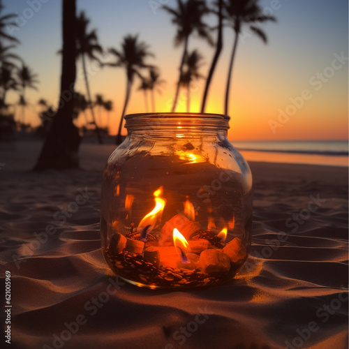 view of glass jar in sand on beach, with palm trees and fire burning behind
