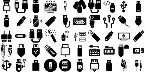 Mega Set Of Usb Icons Pack Hand-Drawn Isolated Modern Glyphs Adapter, Symbol, Set, Icon Clip Art For Computer And Mobile