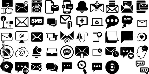 Big Collection Of Message Icons Set Hand-Drawn Linear Simple Symbols Icon, Optimization, Post, Toque Symbol Isolated On White Background