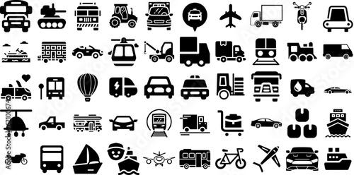 Mega Collection Of Transportation Icons Set Hand-Drawn Linear Infographic Silhouettes Global, Set, Bus, Funicular Pictograph Isolated On Transparent Background