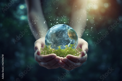 Glass ball in the hands of a person in a green forest