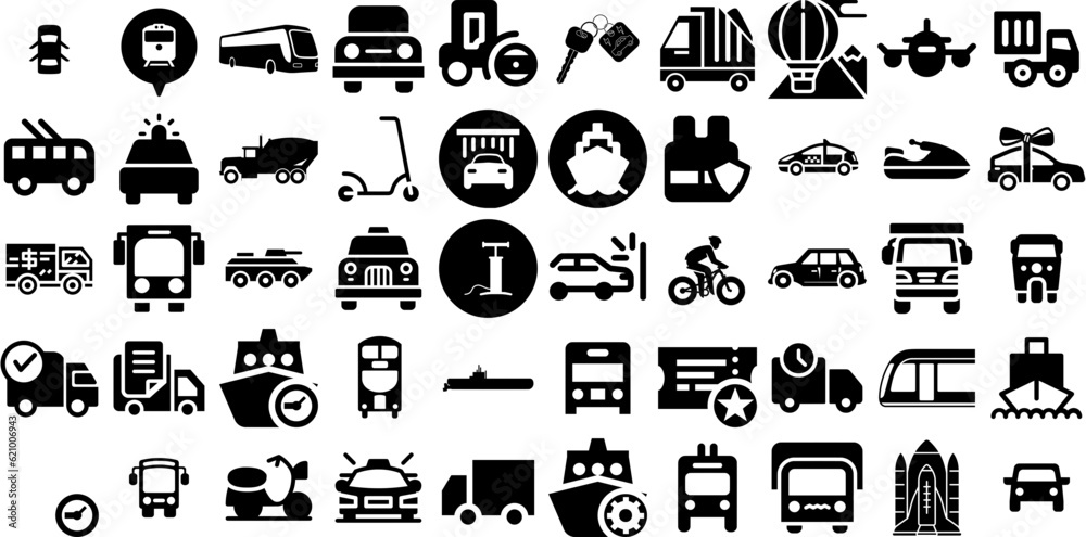Mega Collection Of Transport Icons Set Hand-Drawn Solid Simple Signs Garden, Ship, Icon, Symbol Pictogram For Computer And Mobile