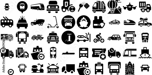 Mega Collection Of Transport Icons Set Hand-Drawn Solid Simple Signs Garden, Ship, Icon, Symbol Pictogram For Computer And Mobile
