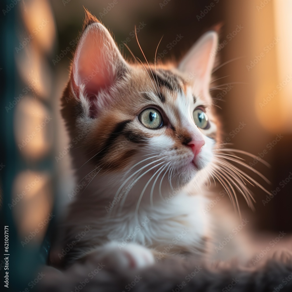 portrait of cute tabby kitten with a pink nose looks up in surprise, sunset light, blurred background. generated ai