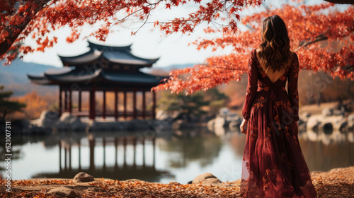 Autumn in Gyeongbokgung Palace and Korean national dress in Seoul,South Korea.