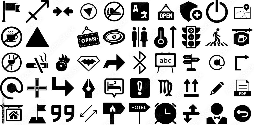 Massive Set Of Sign Icons Pack Flat Simple Pictogram Open, Talk, Icon, Set Glyphs Isolated On Transparent Background