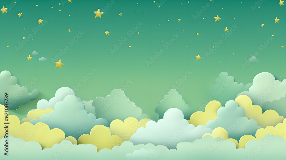 Kawaii Fantasy Pastel Colorful Sky with Clouds and Stars Background in Paper Cut and Paste Style Kawaii Fantasy Pastel Colorful Sky with Clouds and Stars Background in Paper Cut and Paste Style
