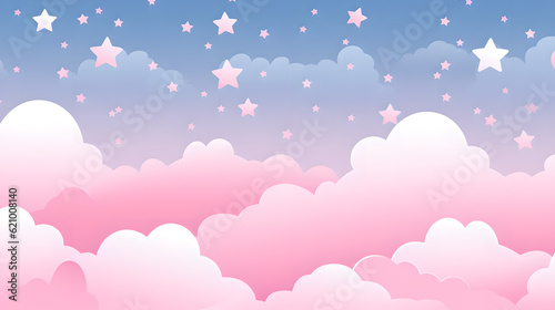 Kawaii Fantasy Pastel Colorful Sky with Clouds and Stars Background in Paper Cut and Paste Style