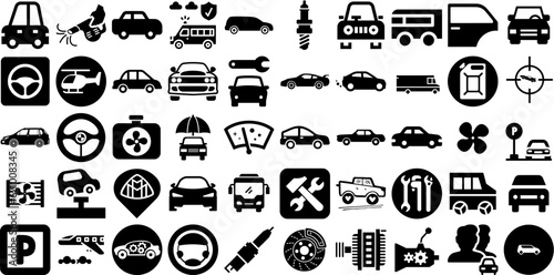 Massive Collection Of Automobile Icons Set Hand-Drawn Isolated Drawing Clip Art Fuel, Icon, Badge, Barrel Doodles For Apps And Websites