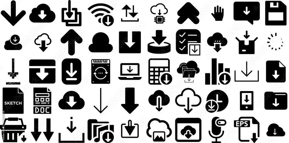 Massive Set Of Download Icons Collection Isolated Concept Clip Art Icon, Saved, Web, Symbol Graphic Isolated On Transparent Background