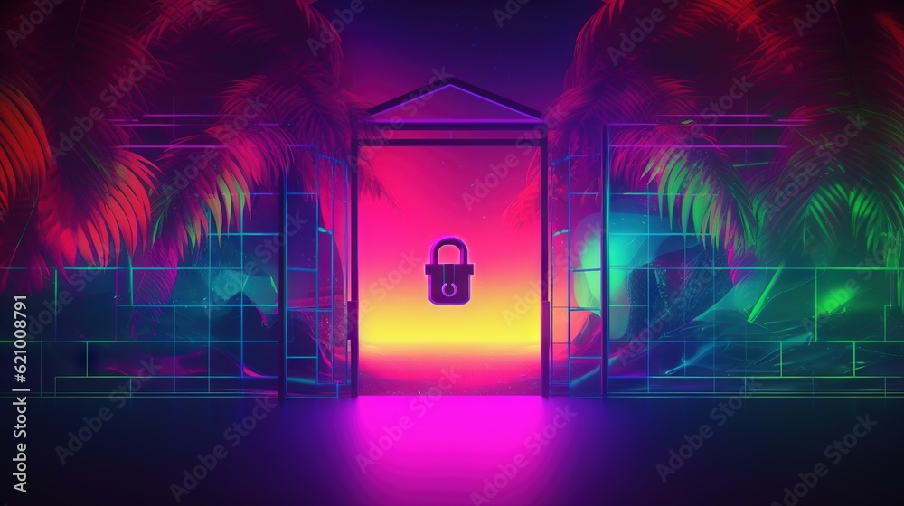 Locking Down Digital Defense: The Power of Cyber Security Padlock in a Synthwave & Retrowave Style. Generative AI