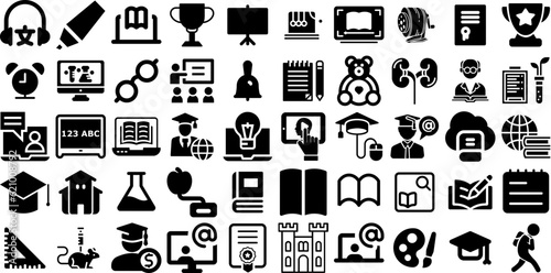 Massive Set Of Education Icons Bundle Hand-Drawn Solid Simple Pictograms Frog, Health, Tool, Chat Element Isolated On Transparent Background