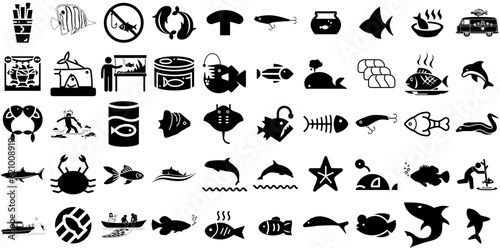 Huge Collection Of Fish Icons Set Black Infographic Web Icon Jesus Christ, Icon, Bowl, Symbol Clip Art Isolated On White Background