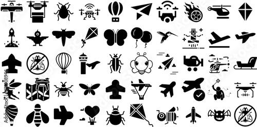 Big Collection Of Fly Icons Set Hand-Drawn Isolated Infographic Glyphs Fairy Tale, String, Graphic, Outline Doodles For Computer And Mobile